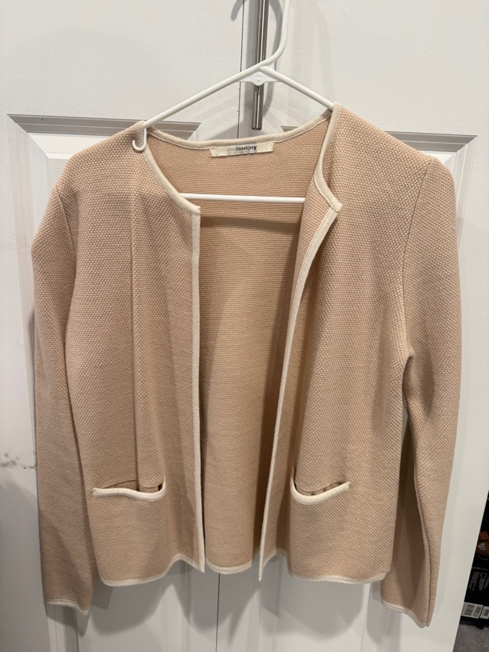 Light pink Knit Open Cardigan with White Trim